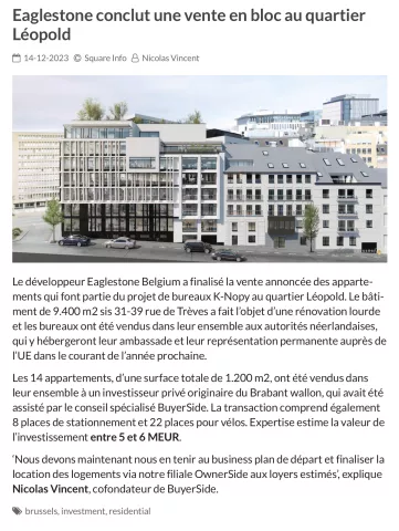 Eaglestone conclut une vente en bloc au quartier Léopold.